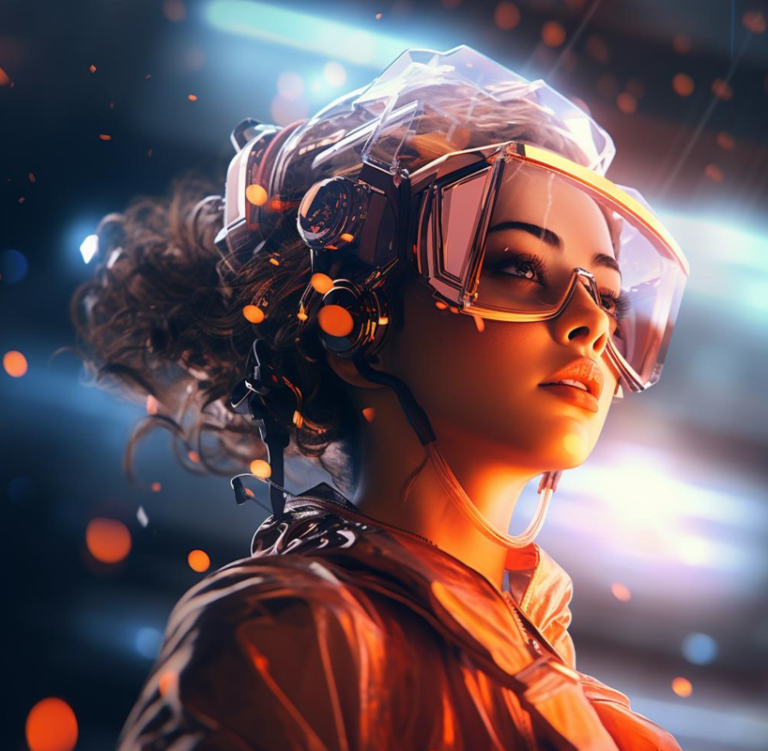 Mujer con casco futurista representando metodología innovadora en tecnología y diseño