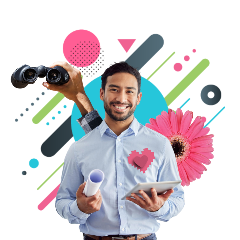 Hombre feliz con binoculares, corazón en su pecho y proyecto en mano, simbolizando visión y propósito