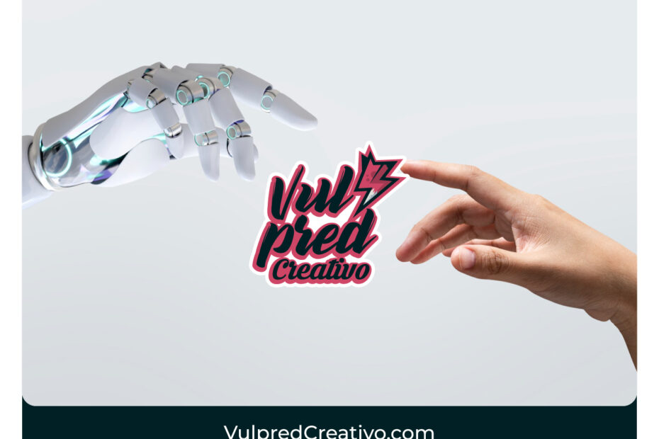 Mano humana y mano robótica unidas, simbolizando la alianza entre la creatividad humana y la inteligencia artificial en Vulpred Creativo.
