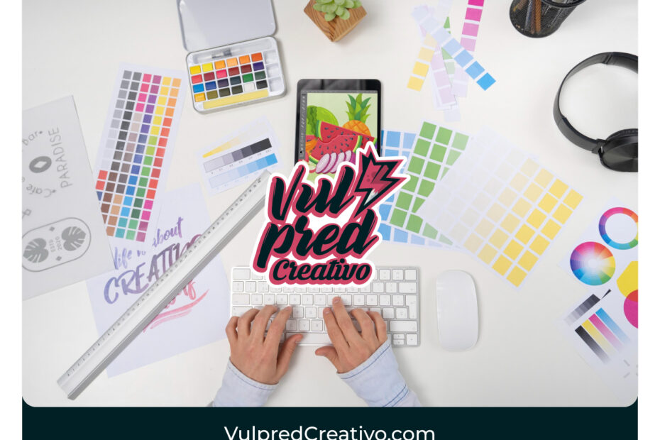 Vista superior de herramientas de diseño gráfico, ilustrando el proceso creativo en Vulpred Creativo.